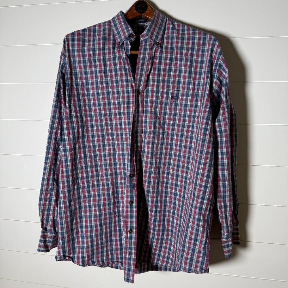 Lucchese Long Sleeve Plaid Button Up Blue, White, Burgandy Size Large
